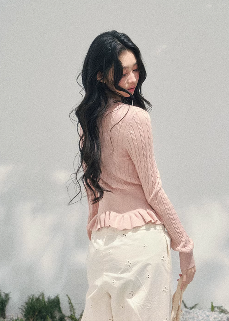 AOMALM pearl knit cardigan, French romantic cropped sweater, feminine spring knit top, Korean elegant cardigan women, pearl button knitwear, soft blush cropped cardigan, quiet luxury womens knit, ruffle hem spring sweater, romantic Korean French aesthetic clothing, delicate feminine knit top, waist defining cropped cardigan, lightweight spring knitwear women, refined pearl detail sweater, elegant pastel cardigan outfit, soft romantic womenswear knit, luxury feminine spring fashion, blush pink knit cardigan,