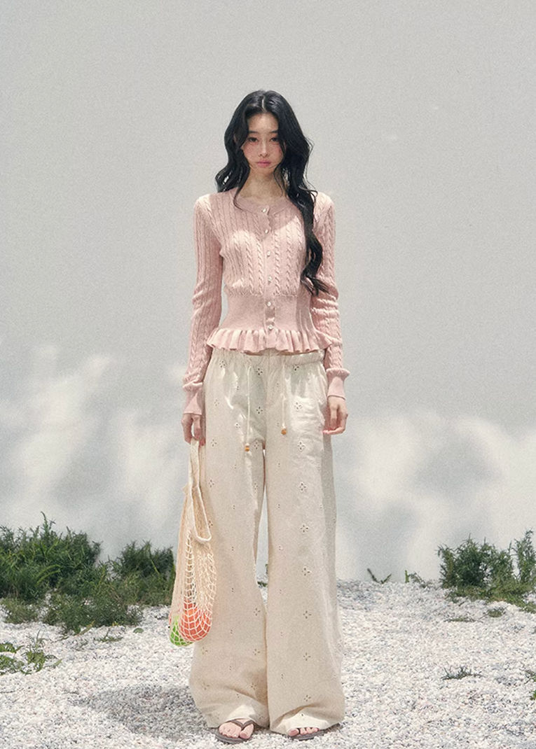 AOMALM pearl knit cardigan, French romantic cropped sweater, feminine spring knit top, Korean elegant cardigan women, pearl button knitwear, soft blush cropped cardigan, quiet luxury womens knit, ruffle hem spring sweater, romantic Korean French aesthetic clothing, delicate feminine knit top, waist defining cropped cardigan, lightweight spring knitwear women, refined pearl detail sweater, elegant pastel cardigan outfit, soft romantic womenswear knit, luxury feminine spring fashion, blush pink knit cardigan,