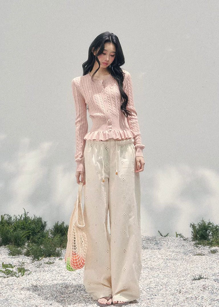 AOMALM pearl knit cardigan, French romantic cropped sweater, feminine spring knit top, Korean elegant cardigan women, pearl button knitwear, soft blush cropped cardigan, quiet luxury womens knit, ruffle hem spring sweater, romantic Korean French aesthetic clothing, delicate feminine knit top, waist defining cropped cardigan, lightweight spring knitwear women, refined pearl detail sweater, elegant pastel cardigan outfit, soft romantic womenswear knit, luxury feminine spring fashion, blush pink knit cardigan,