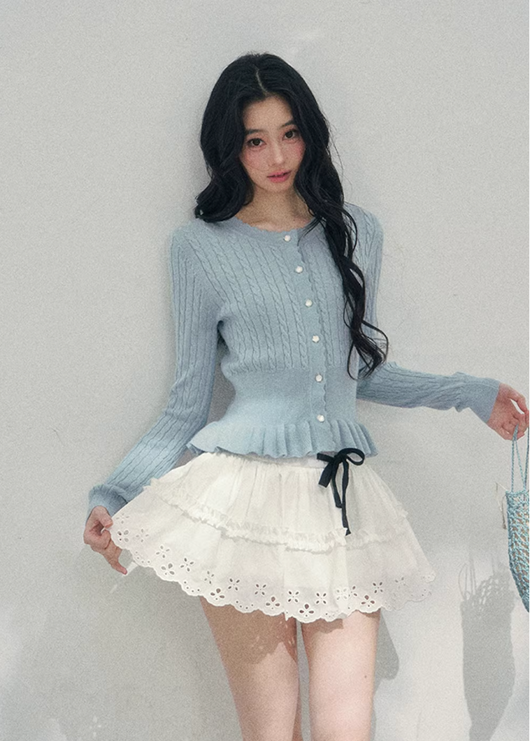 AOMALM pearl knit cardigan, French romantic cropped sweater, feminine spring knit top, Korean elegant cardigan women, pearl button knitwear, soft blush cropped cardigan, quiet luxury womens knit, ruffle hem spring sweater, romantic Korean French aesthetic clothing, delicate feminine knit top, waist defining cropped cardigan, lightweight spring knitwear women, refined pearl detail sweater, elegant pastel cardigan outfit, soft romantic womenswear knit, luxury feminine spring fashion, blush pink knit cardigan,