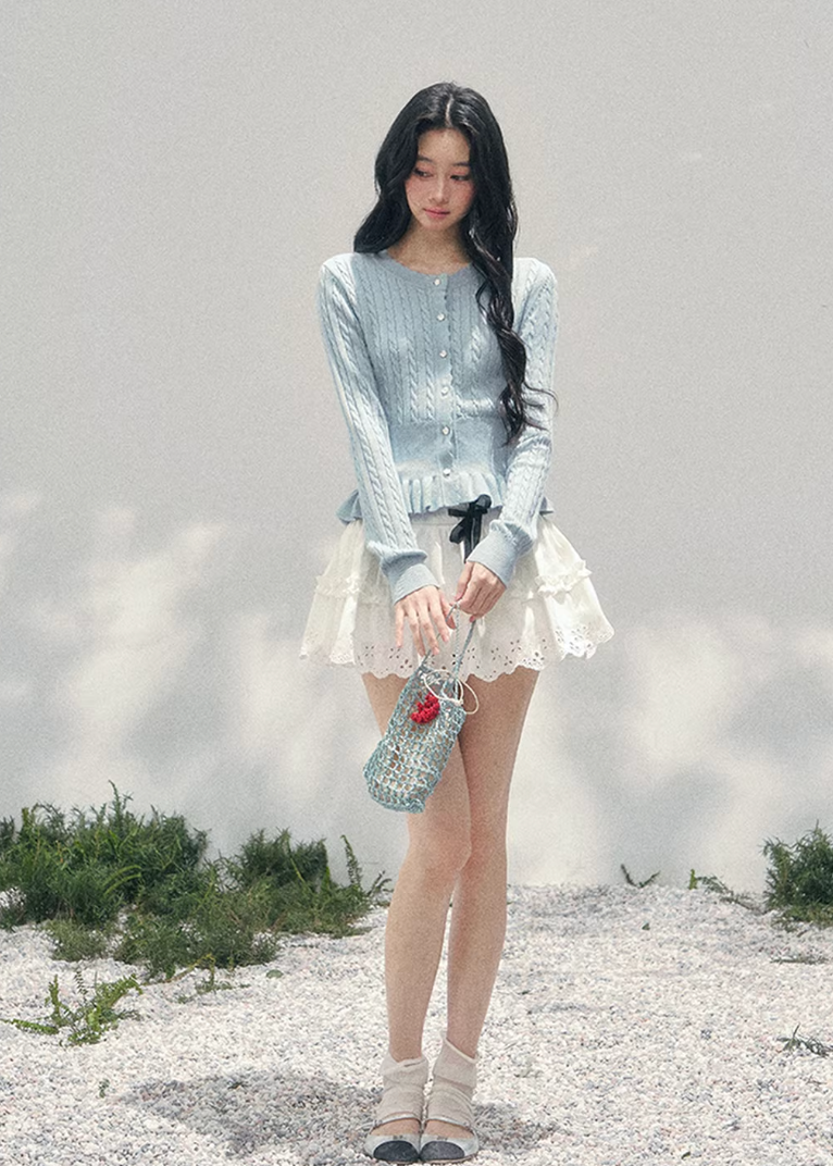 AOMALM pearl knit cardigan, French romantic cropped sweater, feminine spring knit top, Korean elegant cardigan women, pearl button knitwear, soft blush cropped cardigan, quiet luxury womens knit, ruffle hem spring sweater, romantic Korean French aesthetic clothing, delicate feminine knit top, waist defining cropped cardigan, lightweight spring knitwear women, refined pearl detail sweater, elegant pastel cardigan outfit, soft romantic womenswear knit, luxury feminine spring fashion, blush pink knit cardigan,