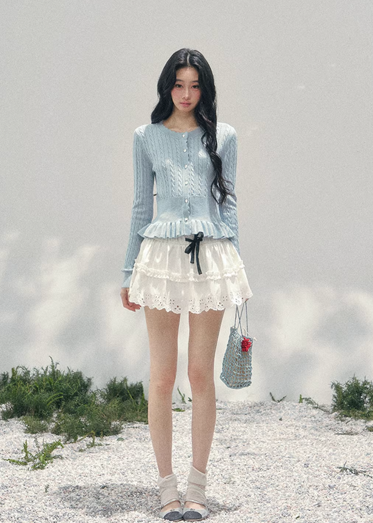 AOMALM pearl knit cardigan, French romantic cropped sweater, feminine spring knit top, Korean elegant cardigan women, pearl button knitwear, soft blush cropped cardigan, quiet luxury womens knit, ruffle hem spring sweater, romantic Korean French aesthetic clothing, delicate feminine knit top, waist defining cropped cardigan, lightweight spring knitwear women, refined pearl detail sweater, elegant pastel cardigan outfit, soft romantic womenswear knit, luxury feminine spring fashion, blush pink knit cardigan,