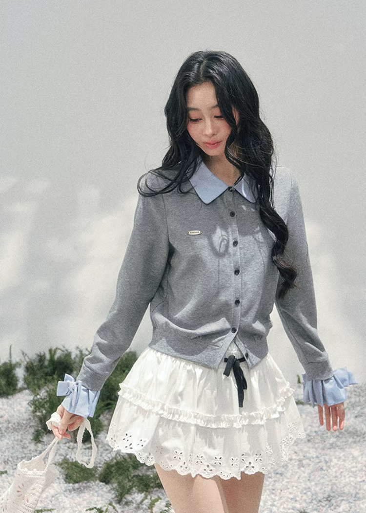 AOMALM polo knit cardigan, French romantic cropped sweater, feminine layered knit top, Korean elegant spring cardigan, quiet luxury polo knitwear, romantic collegiate style top, Parisian inspired knit blouse, delicate layered twinset knit, feminine cropped polo sweater women, soft romantic Korean fashion, spring lightweight knit cardigan, refined feminine knitwear women, lace trim layered knit top, elegant Korean French aesthetic clothing, romantic cropped knit outfit, soft luxury womenswear spring knit, ge