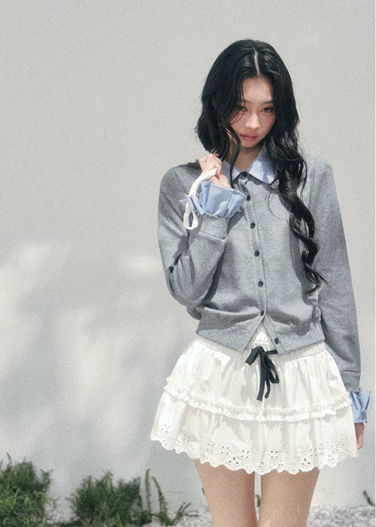 AOMALM polo knit cardigan, French romantic cropped sweater, feminine layered knit top, Korean elegant spring cardigan, quiet luxury polo knitwear, romantic collegiate style top, Parisian inspired knit blouse, delicate layered twinset knit, feminine cropped polo sweater women, soft romantic Korean fashion, spring lightweight knit cardigan, refined feminine knitwear women, lace trim layered knit top, elegant Korean French aesthetic clothing, romantic cropped knit outfit, soft luxury womenswear spring knit, ge