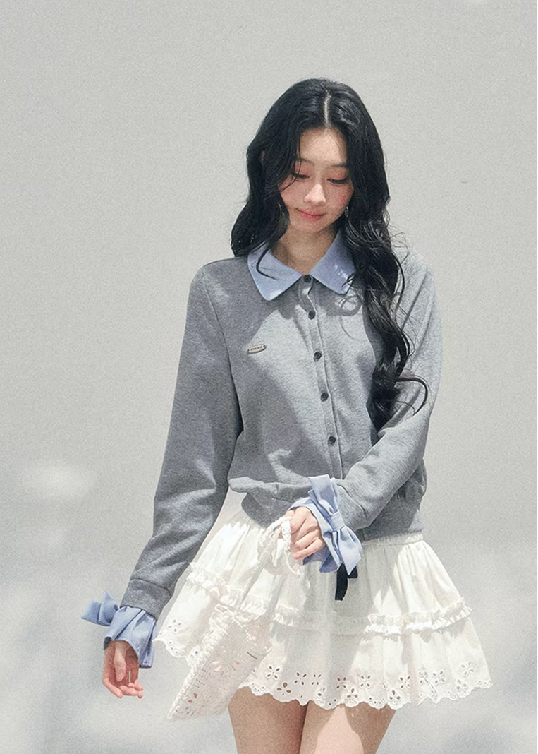 AOMALM polo knit cardigan, French romantic cropped sweater, feminine layered knit top, Korean elegant spring cardigan, quiet luxury polo knitwear, romantic collegiate style top, Parisian inspired knit blouse, delicate layered twinset knit, feminine cropped polo sweater women, soft romantic Korean fashion, spring lightweight knit cardigan, refined feminine knitwear women, lace trim layered knit top, elegant Korean French aesthetic clothing, romantic cropped knit outfit, soft luxury womenswear spring knit, ge
