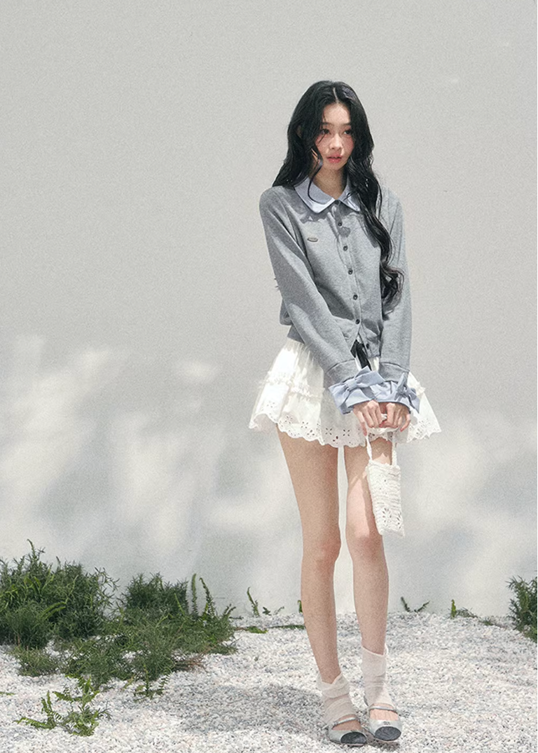 AOMALM polo knit cardigan, French romantic cropped sweater, feminine layered knit top, Korean elegant spring cardigan, quiet luxury polo knitwear, romantic collegiate style top, Parisian inspired knit blouse, delicate layered twinset knit, feminine cropped polo sweater women, soft romantic Korean fashion, spring lightweight knit cardigan, refined feminine knitwear women, lace trim layered knit top, elegant Korean French aesthetic clothing, romantic cropped knit outfit, soft luxury womenswear spring knit, ge