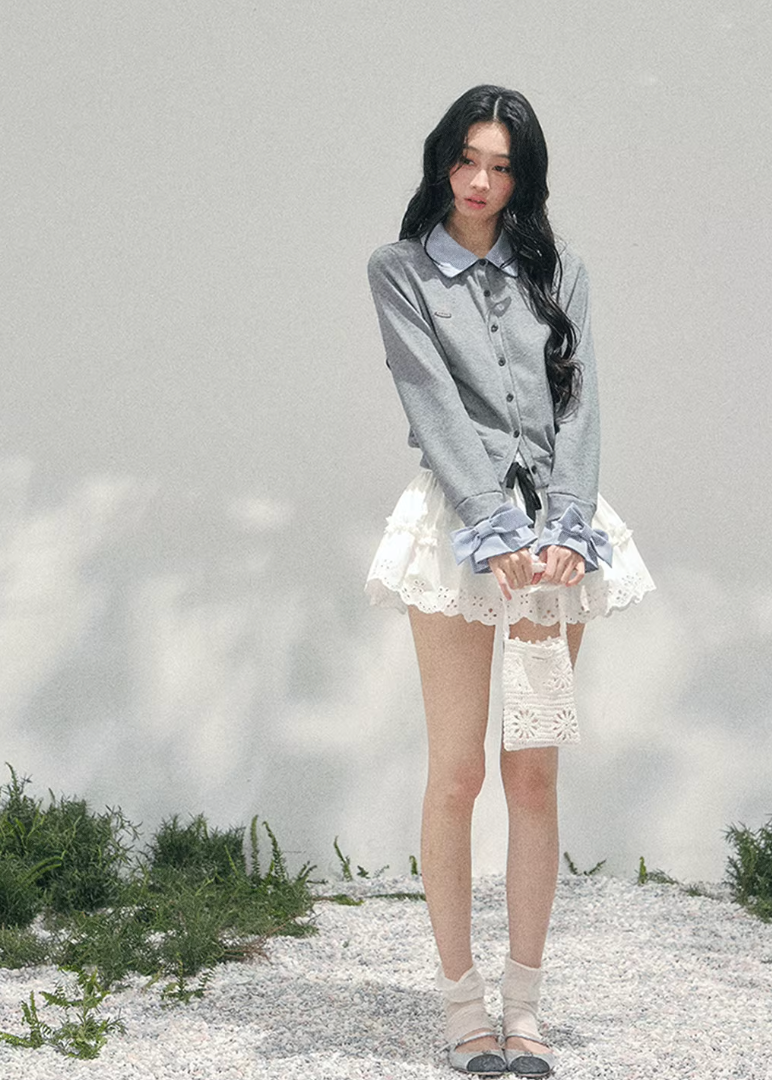 AOMALM polo knit cardigan, French romantic cropped sweater, feminine layered knit top, Korean elegant spring cardigan, quiet luxury polo knitwear, romantic collegiate style top, Parisian inspired knit blouse, delicate layered twinset knit, feminine cropped polo sweater women, soft romantic Korean fashion, spring lightweight knit cardigan, refined feminine knitwear women, lace trim layered knit top, elegant Korean French aesthetic clothing, romantic cropped knit outfit, soft luxury womenswear spring knit, ge