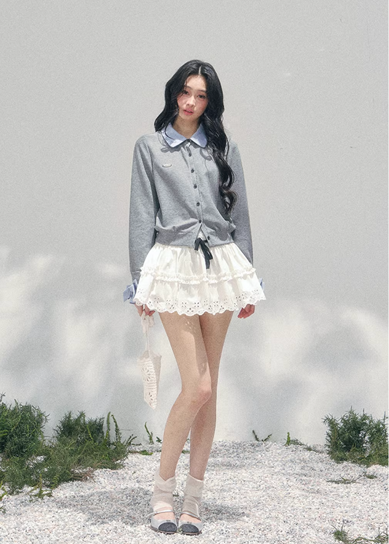 AOMALM polo knit cardigan, French romantic cropped sweater, feminine layered knit top, Korean elegant spring cardigan, quiet luxury polo knitwear, romantic collegiate style top, Parisian inspired knit blouse, delicate layered twinset knit, feminine cropped polo sweater women, soft romantic Korean fashion, spring lightweight knit cardigan, refined feminine knitwear women, lace trim layered knit top, elegant Korean French aesthetic clothing, romantic cropped knit outfit, soft luxury womenswear spring knit, ge