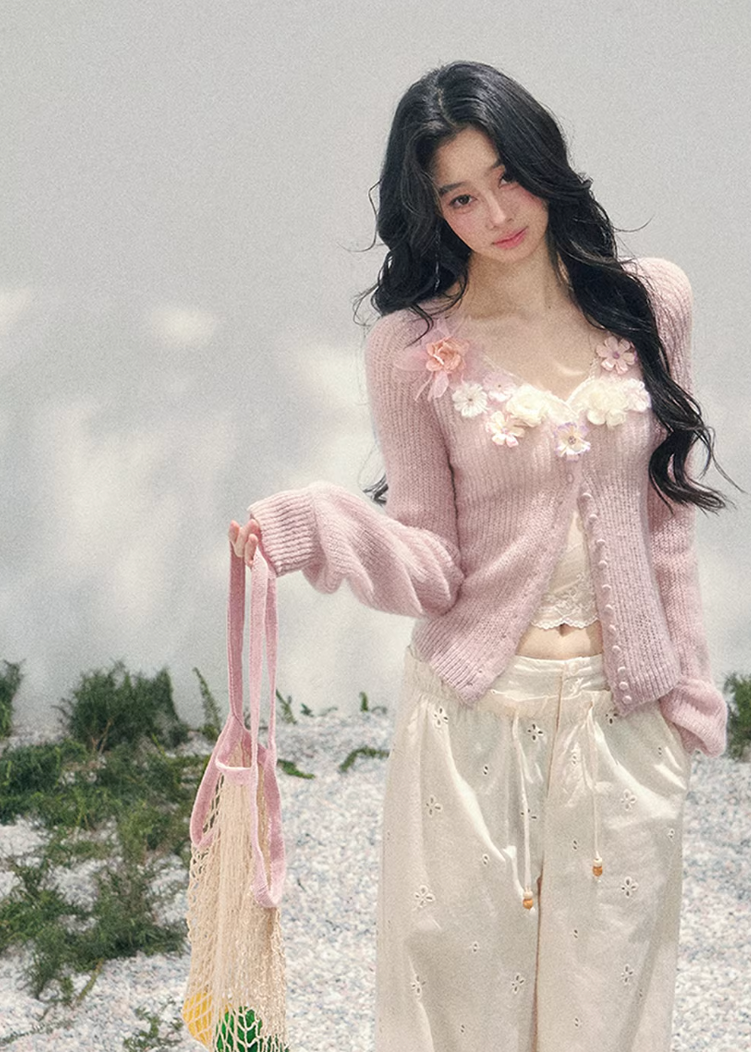 AOMALM floral knit cardigan, French romantic spring sweater, three dimensional flower cardigan, feminine V-neck knitwear women, Korean elegant spring knit, quiet luxury romantic cardigan, delicate floral neckline sweater, Parisian inspired womens knitwear, soft feminine layered cardigan, blush pink romantic knit top, refined Korean French aesthetic clothing, luxury spring cardigan women, poetic feminine knitwear, lightweight floral sweater women, elegant romantic fashion cardigan, soft luxury womenswear kni