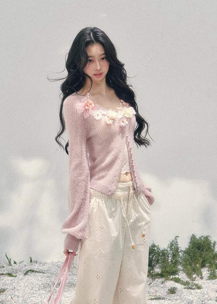 AOMALM floral knit cardigan, French romantic spring sweater, three dimensional flower cardigan, feminine V-neck knitwear women, Korean elegant spring knit, quiet luxury romantic cardigan, delicate floral neckline sweater, Parisian inspired womens knitwear, soft feminine layered cardigan, blush pink romantic knit top, refined Korean French aesthetic clothing, luxury spring cardigan women, poetic feminine knitwear, lightweight floral sweater women, elegant romantic fashion cardigan, soft luxury womenswear kni
