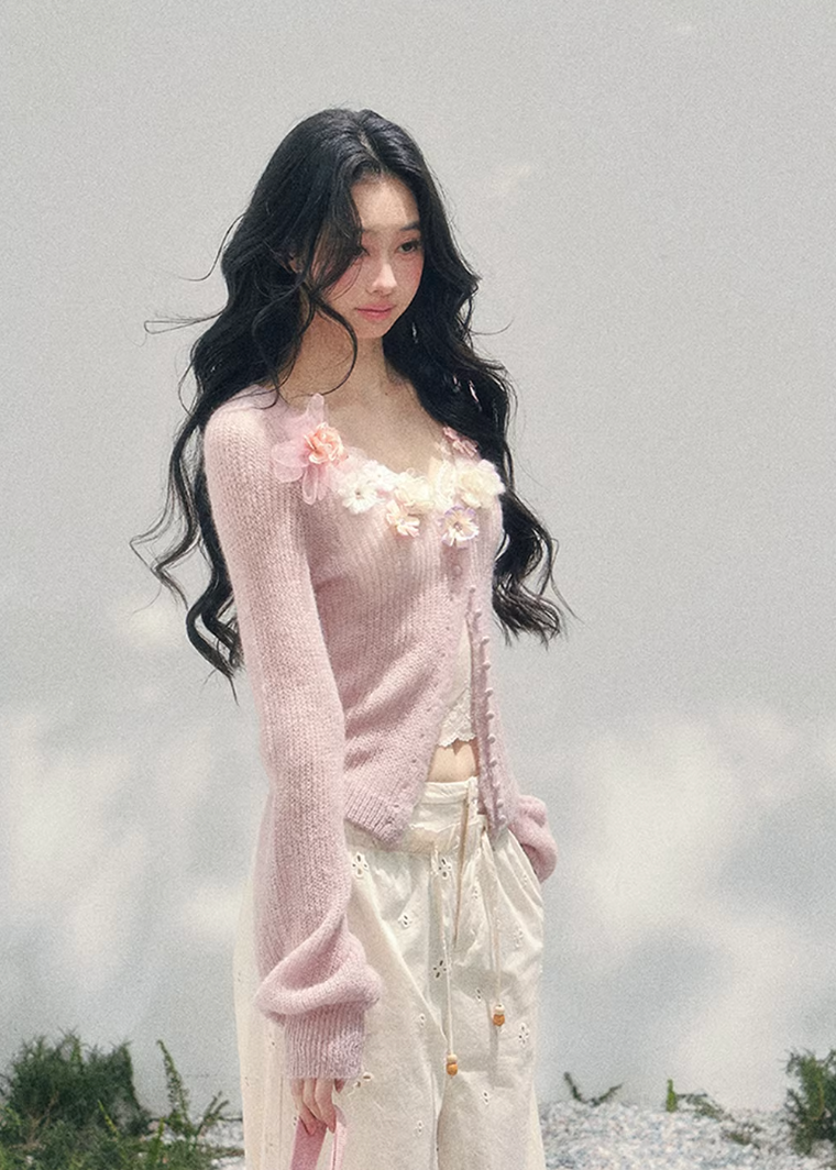 AOMALM floral knit cardigan, French romantic spring sweater, three dimensional flower cardigan, feminine V-neck knitwear women, Korean elegant spring knit, quiet luxury romantic cardigan, delicate floral neckline sweater, Parisian inspired womens knitwear, soft feminine layered cardigan, blush pink romantic knit top, refined Korean French aesthetic clothing, luxury spring cardigan women, poetic feminine knitwear, lightweight floral sweater women, elegant romantic fashion cardigan, soft luxury womenswear kni