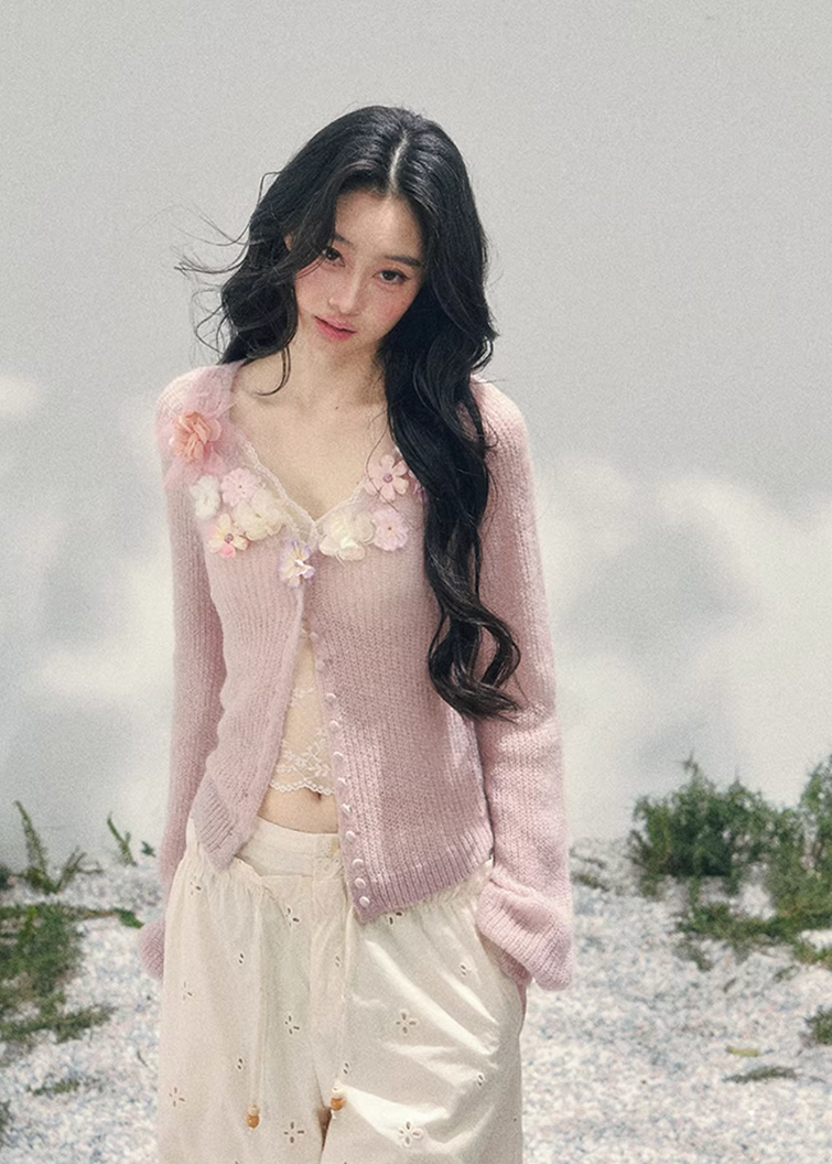 AOMALM floral knit cardigan, French romantic spring sweater, three dimensional flower cardigan, feminine V-neck knitwear women, Korean elegant spring knit, quiet luxury romantic cardigan, delicate floral neckline sweater, Parisian inspired womens knitwear, soft feminine layered cardigan, blush pink romantic knit top, refined Korean French aesthetic clothing, luxury spring cardigan women, poetic feminine knitwear, lightweight floral sweater women, elegant romantic fashion cardigan, soft luxury womenswear kni