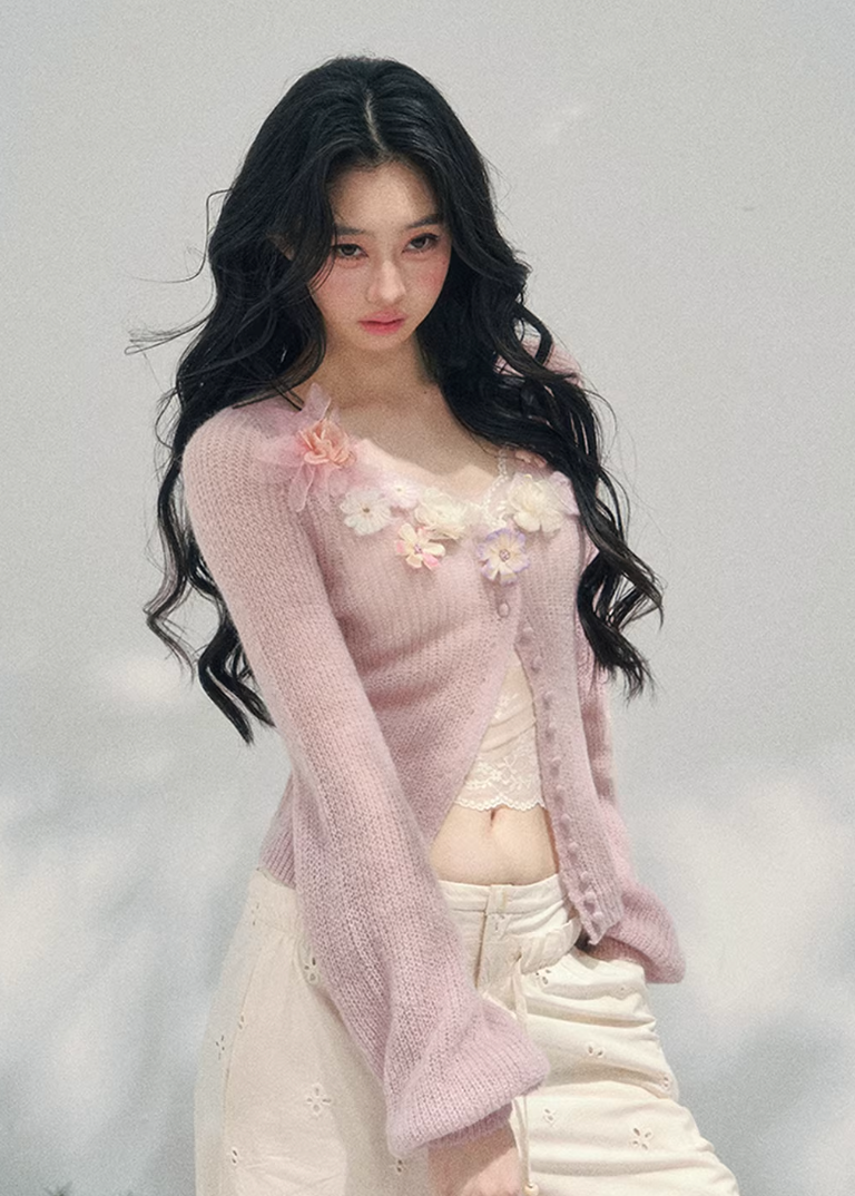 AOMALM floral knit cardigan, French romantic spring sweater, three dimensional flower cardigan, feminine V-neck knitwear women, Korean elegant spring knit, quiet luxury romantic cardigan, delicate floral neckline sweater, Parisian inspired womens knitwear, soft feminine layered cardigan, blush pink romantic knit top, refined Korean French aesthetic clothing, luxury spring cardigan women, poetic feminine knitwear, lightweight floral sweater women, elegant romantic fashion cardigan, soft luxury womenswear kni