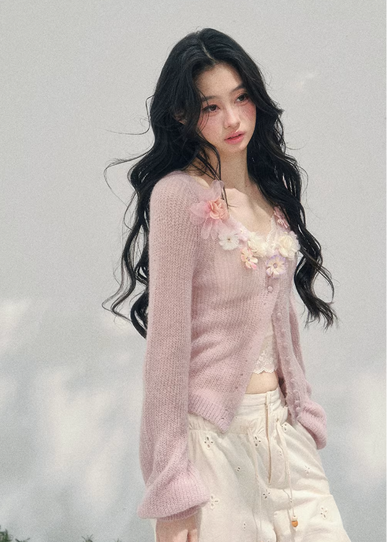 AOMALM floral knit cardigan, French romantic spring sweater, three dimensional flower cardigan, feminine V-neck knitwear women, Korean elegant spring knit, quiet luxury romantic cardigan, delicate floral neckline sweater, Parisian inspired womens knitwear, soft feminine layered cardigan, blush pink romantic knit top, refined Korean French aesthetic clothing, luxury spring cardigan women, poetic feminine knitwear, lightweight floral sweater women, elegant romantic fashion cardigan, soft luxury womenswear kni