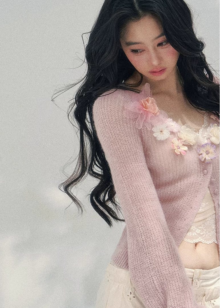 AOMALM floral knit cardigan, French romantic spring sweater, three dimensional flower cardigan, feminine V-neck knitwear women, Korean elegant spring knit, quiet luxury romantic cardigan, delicate floral neckline sweater, Parisian inspired womens knitwear, soft feminine layered cardigan, blush pink romantic knit top, refined Korean French aesthetic clothing, luxury spring cardigan women, poetic feminine knitwear, lightweight floral sweater women, elegant romantic fashion cardigan, soft luxury womenswear kni