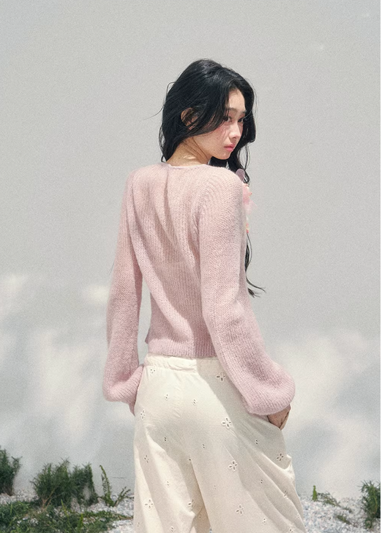 AOMALM floral knit cardigan, French romantic spring sweater, three dimensional flower cardigan, feminine V-neck knitwear women, Korean elegant spring knit, quiet luxury romantic cardigan, delicate floral neckline sweater, Parisian inspired womens knitwear, soft feminine layered cardigan, blush pink romantic knit top, refined Korean French aesthetic clothing, luxury spring cardigan women, poetic feminine knitwear, lightweight floral sweater women, elegant romantic fashion cardigan, soft luxury womenswear kni