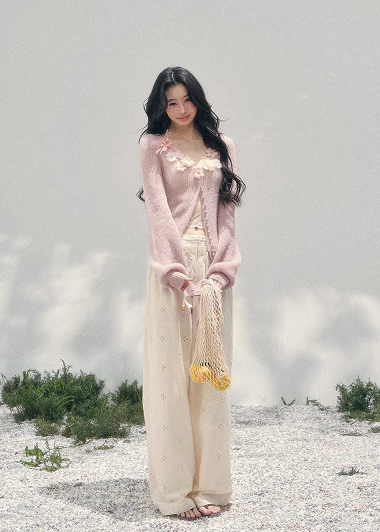 AOMALM floral knit cardigan, French romantic spring sweater, three dimensional flower cardigan, feminine V-neck knitwear women, Korean elegant spring knit, quiet luxury romantic cardigan, delicate floral neckline sweater, Parisian inspired womens knitwear, soft feminine layered cardigan, blush pink romantic knit top, refined Korean French aesthetic clothing, luxury spring cardigan women, poetic feminine knitwear, lightweight floral sweater women, elegant romantic fashion cardigan, soft luxury womenswear kni