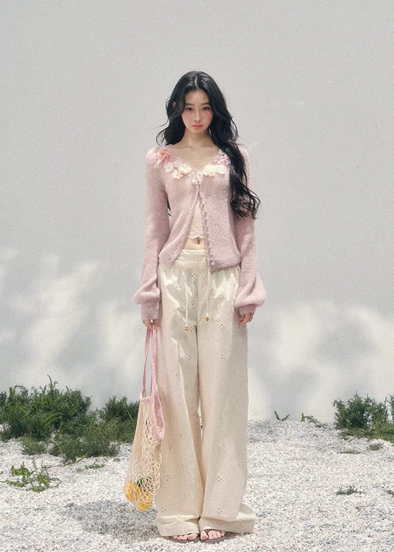 AOMALM floral knit cardigan, French romantic spring sweater, three dimensional flower cardigan, feminine V-neck knitwear women, Korean elegant spring knit, quiet luxury romantic cardigan, delicate floral neckline sweater, Parisian inspired womens knitwear, soft feminine layered cardigan, blush pink romantic knit top, refined Korean French aesthetic clothing, luxury spring cardigan women, poetic feminine knitwear, lightweight floral sweater women, elegant romantic fashion cardigan, soft luxury womenswear kni