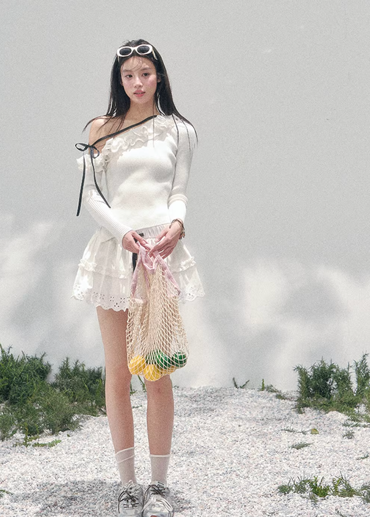 AOMALM asymmetric knit top, French romantic lace sweater, feminine off shoulder knitwear, Korean elegant spring top, quiet luxury womens knit, ruffle edge knit blouse, Parisian inspired knit top women, romantic Korean French aesthetic clothing, soft feminine spring sweater, delicate lace trim knit top, waist flattering ribbed knitwear, luxury romantic knit blouse, elegant feminine spring outfit, lightweight knit top women, poetic romantic sweater style, soft luxury womenswear knit