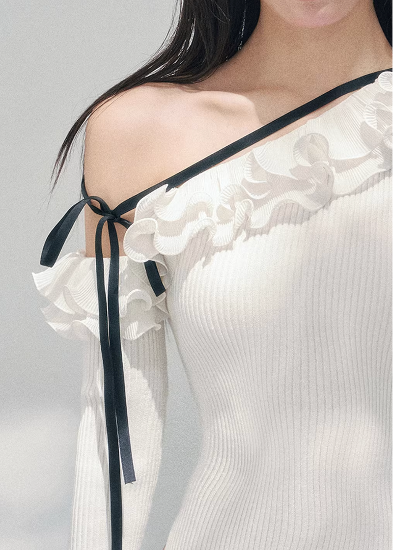 AOMALM asymmetric knit top, French romantic lace sweater, feminine off shoulder knitwear, Korean elegant spring top, quiet luxury womens knit, ruffle edge knit blouse, Parisian inspired knit top women, romantic Korean French aesthetic clothing, soft feminine spring sweater, delicate lace trim knit top, waist flattering ribbed knitwear, luxury romantic knit blouse, elegant feminine spring outfit, lightweight knit top women, poetic romantic sweater style, soft luxury womenswear knit