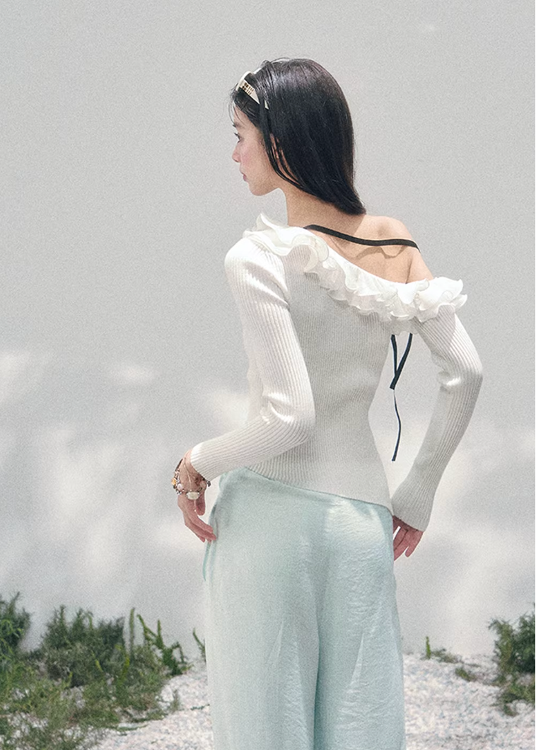 AOMALM asymmetric knit top, French romantic lace sweater, feminine off shoulder knitwear, Korean elegant spring top, quiet luxury womens knit, ruffle edge knit blouse, Parisian inspired knit top women, romantic Korean French aesthetic clothing, soft feminine spring sweater, delicate lace trim knit top, waist flattering ribbed knitwear, luxury romantic knit blouse, elegant feminine spring outfit, lightweight knit top women, poetic romantic sweater style, soft luxury womenswear knit