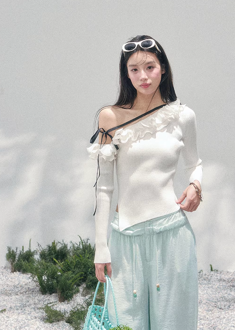AOMALM asymmetric knit top, French romantic lace sweater, feminine off shoulder knitwear, Korean elegant spring top, quiet luxury womens knit, ruffle edge knit blouse, Parisian inspired knit top women, romantic Korean French aesthetic clothing, soft feminine spring sweater, delicate lace trim knit top, waist flattering ribbed knitwear, luxury romantic knit blouse, elegant feminine spring outfit, lightweight knit top women, poetic romantic sweater style, soft luxury womenswear knit