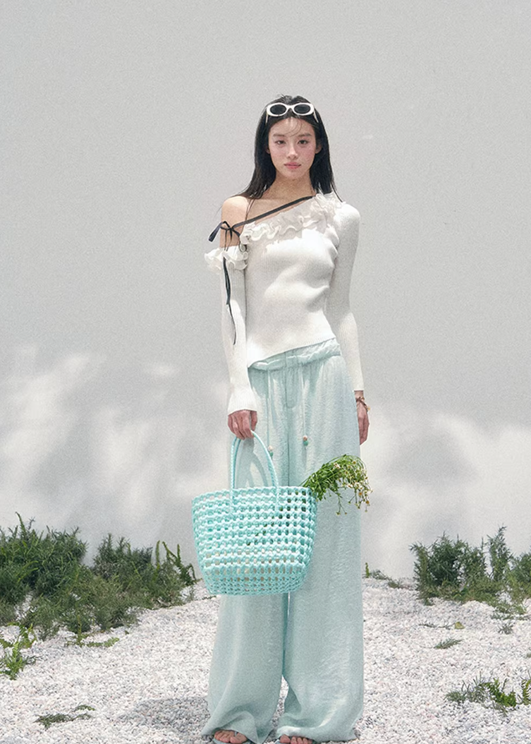 AOMALM asymmetric knit top, French romantic lace sweater, feminine off shoulder knitwear, Korean elegant spring top, quiet luxury womens knit, ruffle edge knit blouse, Parisian inspired knit top women, romantic Korean French aesthetic clothing, soft feminine spring sweater, delicate lace trim knit top, waist flattering ribbed knitwear, luxury romantic knit blouse, elegant feminine spring outfit, lightweight knit top women, poetic romantic sweater style, soft luxury womenswear knit