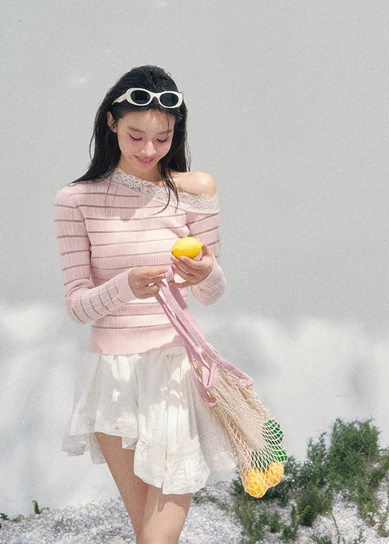 AOMALM asymmetric lace knit top, French romantic spring sweater, feminine slanted shoulder knitwear, Korean elegant lace blouse, quiet luxury womens knit, sheer lace long sleeve top, Parisian inspired romantic knit, delicate cutout spring top women, refined feminine Korean fashion, lightweight romantic knitwear, soft luxury womenswear knit, lace detail asymmetric sweater, elegant spring outfit knit, romantic Korean French aesthetic clothing, feminine layered knit top, poetic romantic spring fashion