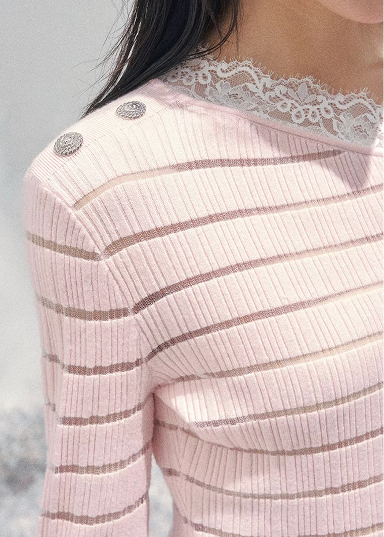 AOMALM asymmetric lace knit top, French romantic spring sweater, feminine slanted shoulder knitwear, Korean elegant lace blouse, quiet luxury womens knit, sheer lace long sleeve top, Parisian inspired romantic knit, delicate cutout spring top women, refined feminine Korean fashion, lightweight romantic knitwear, soft luxury womenswear knit, lace detail asymmetric sweater, elegant spring outfit knit, romantic Korean French aesthetic clothing, feminine layered knit top, poetic romantic spring fashion
