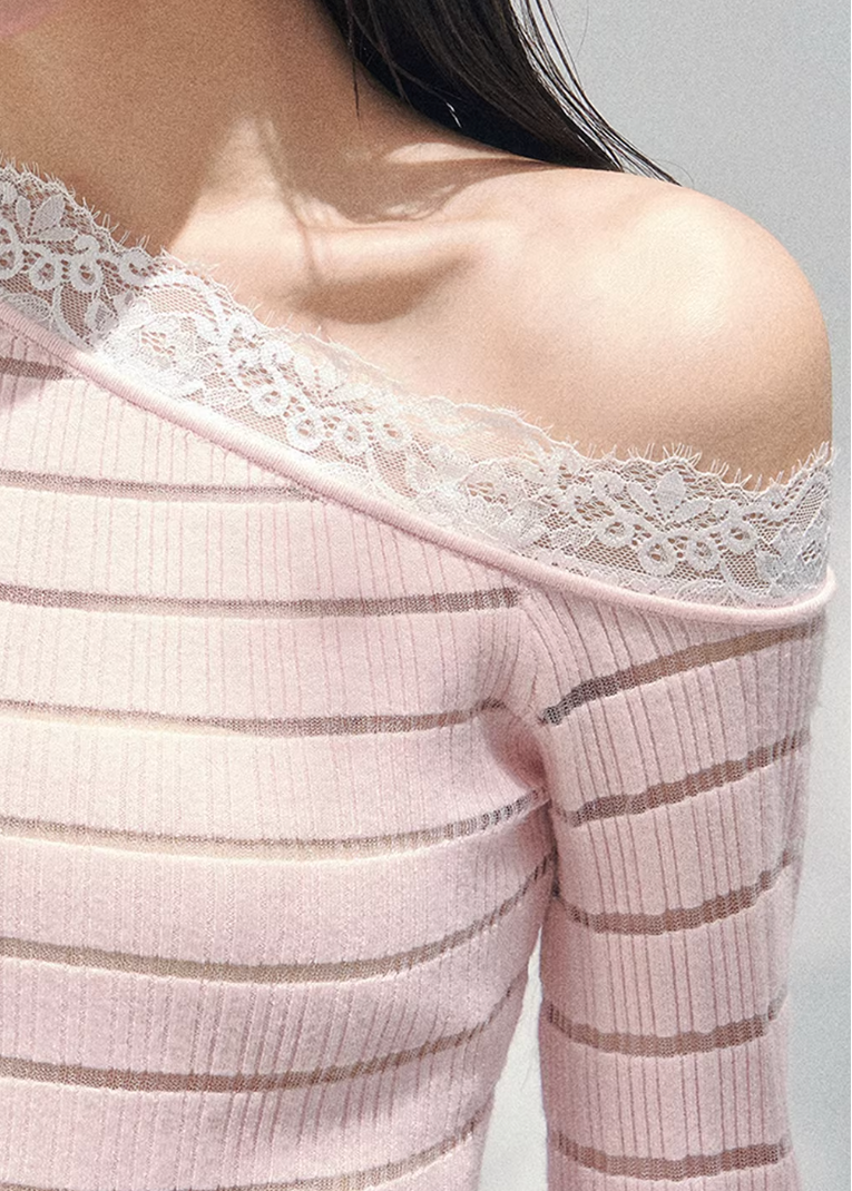 AOMALM asymmetric lace knit top, French romantic spring sweater, feminine slanted shoulder knitwear, Korean elegant lace blouse, quiet luxury womens knit, sheer lace long sleeve top, Parisian inspired romantic knit, delicate cutout spring top women, refined feminine Korean fashion, lightweight romantic knitwear, soft luxury womenswear knit, lace detail asymmetric sweater, elegant spring outfit knit, romantic Korean French aesthetic clothing, feminine layered knit top, poetic romantic spring fashion