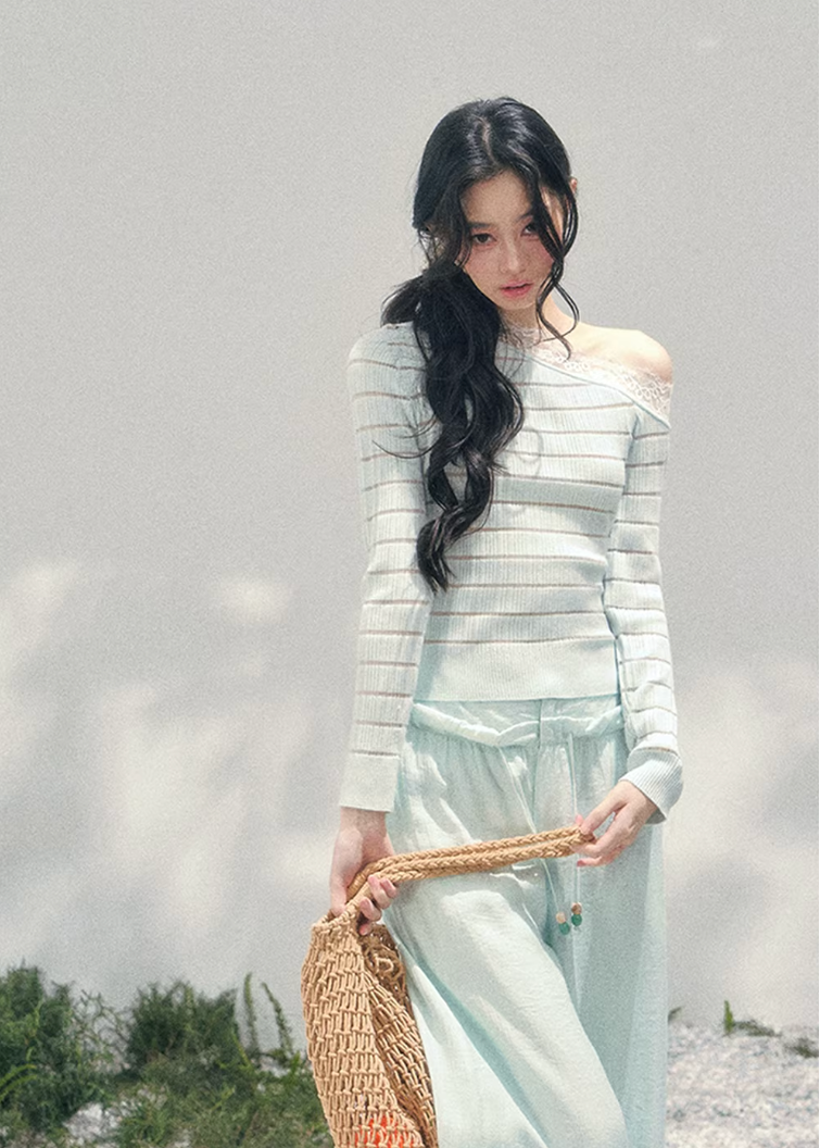 AOMALM asymmetric lace knit top, French romantic spring sweater, feminine slanted shoulder knitwear, Korean elegant lace blouse, quiet luxury womens knit, sheer lace long sleeve top, Parisian inspired romantic knit, delicate cutout spring top women, refined feminine Korean fashion, lightweight romantic knitwear, soft luxury womenswear knit, lace detail asymmetric sweater, elegant spring outfit knit, romantic Korean French aesthetic clothing, feminine layered knit top, poetic romantic spring fashion