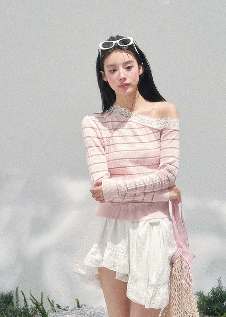 AOMALM asymmetric lace knit top, French romantic spring sweater, feminine slanted shoulder knitwear, Korean elegant lace blouse, quiet luxury womens knit, sheer lace long sleeve top, Parisian inspired romantic knit, delicate cutout spring top women, refined feminine Korean fashion, lightweight romantic knitwear, soft luxury womenswear knit, lace detail asymmetric sweater, elegant spring outfit knit, romantic Korean French aesthetic clothing, feminine layered knit top, poetic romantic spring fashion