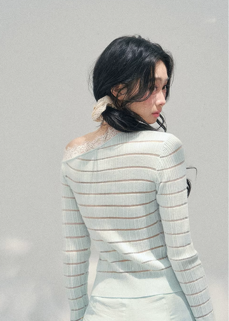 AOMALM asymmetric lace knit top, French romantic spring sweater, feminine slanted shoulder knitwear, Korean elegant lace blouse, quiet luxury womens knit, sheer lace long sleeve top, Parisian inspired romantic knit, delicate cutout spring top women, refined feminine Korean fashion, lightweight romantic knitwear, soft luxury womenswear knit, lace detail asymmetric sweater, elegant spring outfit knit, romantic Korean French aesthetic clothing, feminine layered knit top, poetic romantic spring fashion