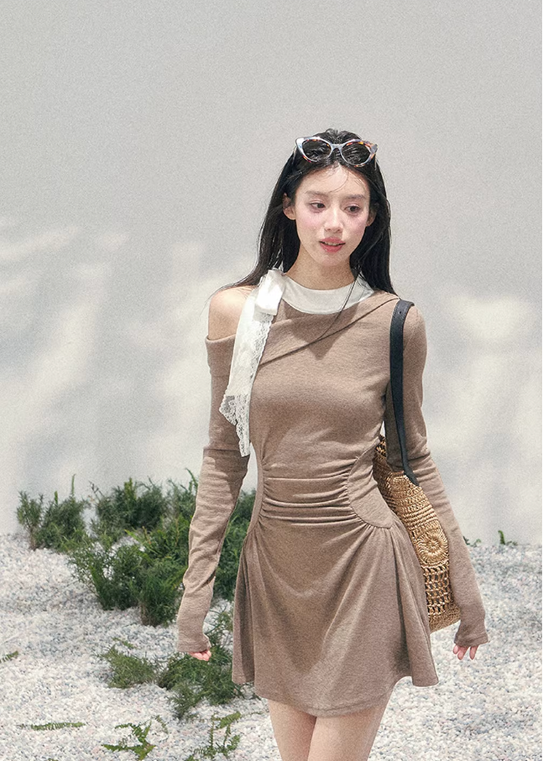AOMALM off shoulder mini dress, French romantic spring dress, feminine ruched knit dress, Korean elegant mini dress women, quiet luxury romantic outfit, lace detail off shoulder dress, Parisian inspired mini dress, refined feminine silhouette dress, spring lightweight knit dress women, romantic Korean French aesthetic clothing, elegant waist shaping mini dress, soft luxury womenswear dress, poetic romantic spring fashion, asymmetric shoulder mini dress, delicate feminine evening mini dress