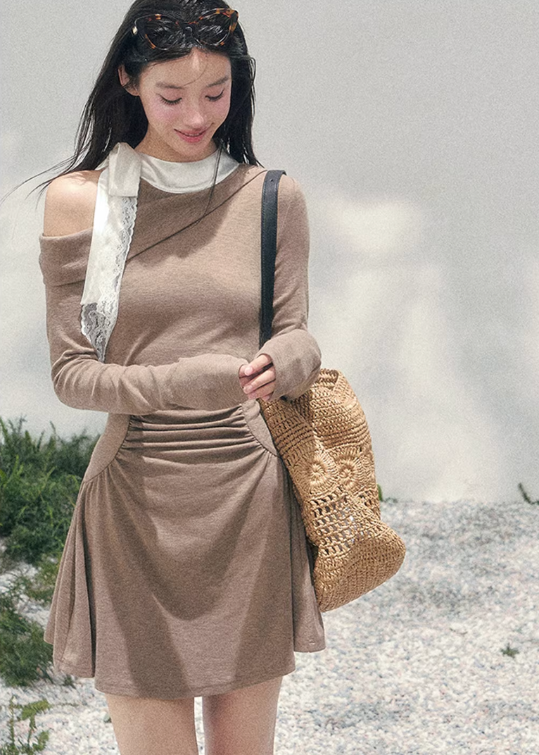 AOMALM off shoulder mini dress, French romantic spring dress, feminine ruched knit dress, Korean elegant mini dress women, quiet luxury romantic outfit, lace detail off shoulder dress, Parisian inspired mini dress, refined feminine silhouette dress, spring lightweight knit dress women, romantic Korean French aesthetic clothing, elegant waist shaping mini dress, soft luxury womenswear dress, poetic romantic spring fashion, asymmetric shoulder mini dress, delicate feminine evening mini dress