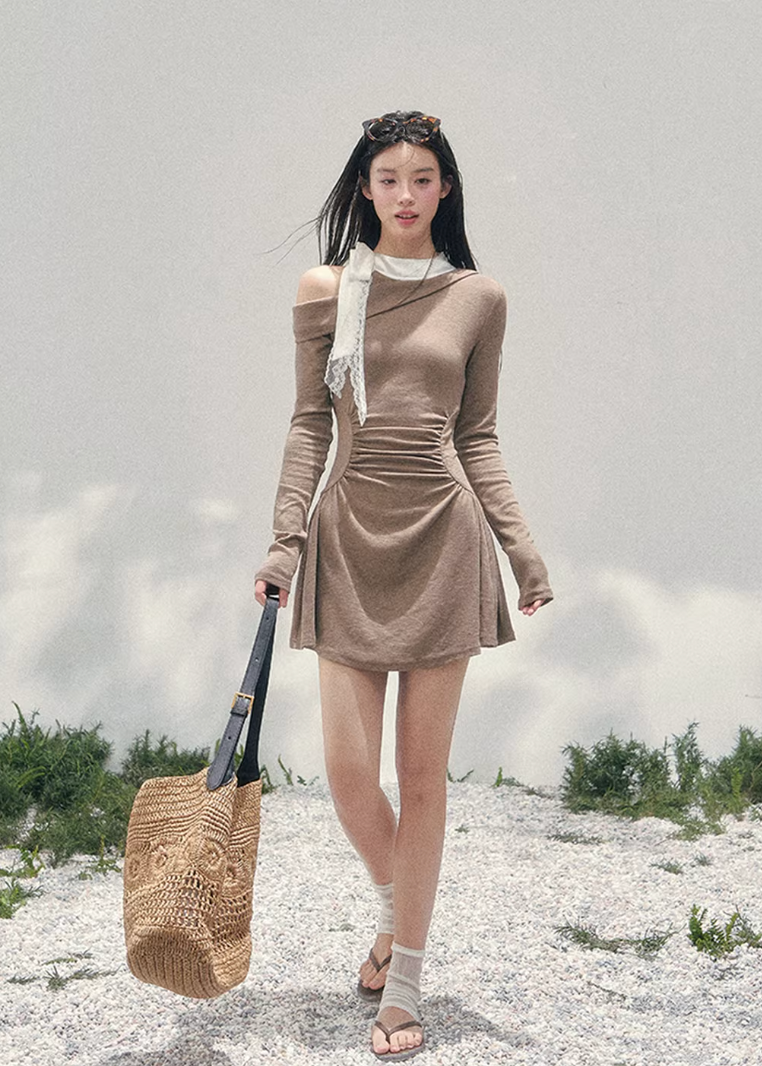 AOMALM off shoulder mini dress, French romantic spring dress, feminine ruched knit dress, Korean elegant mini dress women, quiet luxury romantic outfit, lace detail off shoulder dress, Parisian inspired mini dress, refined feminine silhouette dress, spring lightweight knit dress women, romantic Korean French aesthetic clothing, elegant waist shaping mini dress, soft luxury womenswear dress, poetic romantic spring fashion, asymmetric shoulder mini dress, delicate feminine evening mini dress