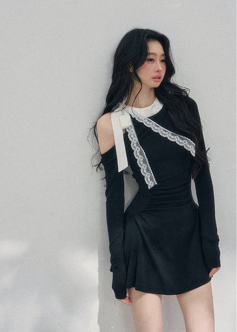 AOMALM off shoulder mini dress, French romantic spring dress, feminine ruched knit dress, Korean elegant mini dress women, quiet luxury romantic outfit, lace detail off shoulder dress, Parisian inspired mini dress, refined feminine silhouette dress, spring lightweight knit dress women, romantic Korean French aesthetic clothing, elegant waist shaping mini dress, soft luxury womenswear dress, poetic romantic spring fashion, asymmetric shoulder mini dress, delicate feminine evening mini dress