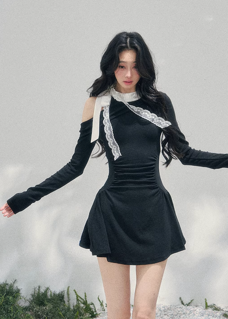 AOMALM off shoulder mini dress, French romantic spring dress, feminine ruched knit dress, Korean elegant mini dress women, quiet luxury romantic outfit, lace detail off shoulder dress, Parisian inspired mini dress, refined feminine silhouette dress, spring lightweight knit dress women, romantic Korean French aesthetic clothing, elegant waist shaping mini dress, soft luxury womenswear dress, poetic romantic spring fashion, asymmetric shoulder mini dress, delicate feminine evening mini dress