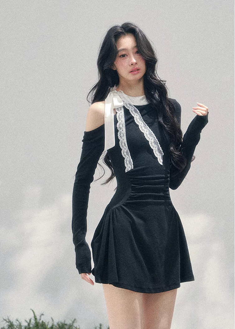 AOMALM off shoulder mini dress, French romantic spring dress, feminine ruched knit dress, Korean elegant mini dress women, quiet luxury romantic outfit, lace detail off shoulder dress, Parisian inspired mini dress, refined feminine silhouette dress, spring lightweight knit dress women, romantic Korean French aesthetic clothing, elegant waist shaping mini dress, soft luxury womenswear dress, poetic romantic spring fashion, asymmetric shoulder mini dress, delicate feminine evening mini dress