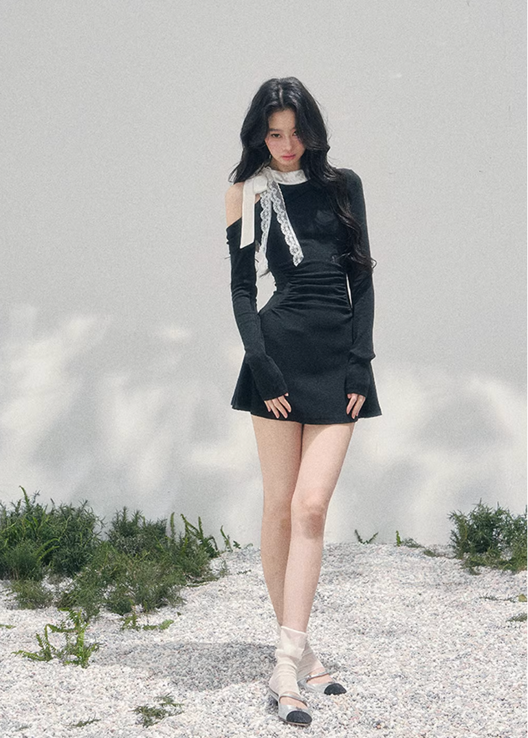 AOMALM off shoulder mini dress, French romantic spring dress, feminine ruched knit dress, Korean elegant mini dress women, quiet luxury romantic outfit, lace detail off shoulder dress, Parisian inspired mini dress, refined feminine silhouette dress, spring lightweight knit dress women, romantic Korean French aesthetic clothing, elegant waist shaping mini dress, soft luxury womenswear dress, poetic romantic spring fashion, asymmetric shoulder mini dress, delicate feminine evening mini dress