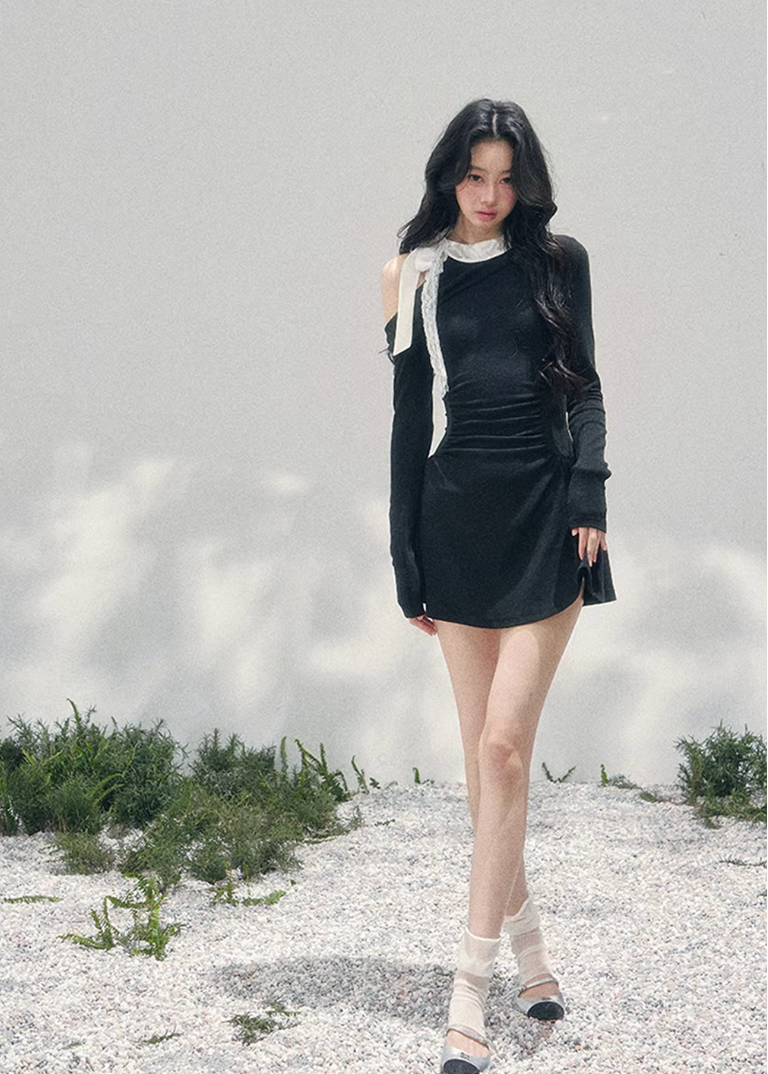 AOMALM off shoulder mini dress, French romantic spring dress, feminine ruched knit dress, Korean elegant mini dress women, quiet luxury romantic outfit, lace detail off shoulder dress, Parisian inspired mini dress, refined feminine silhouette dress, spring lightweight knit dress women, romantic Korean French aesthetic clothing, elegant waist shaping mini dress, soft luxury womenswear dress, poetic romantic spring fashion, asymmetric shoulder mini dress, delicate feminine evening mini dress