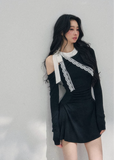 off shoulder black dress women, lace detail mini dress, spring black dress women, aomalm dress style, feminine spring outfit women, elegant long sleeve mini dress, refined casual black dress, korean french style clothing, slim fit spring dress, modern women mini dress, delicate lace contrast dress, understated luxury women dress, lightweight spring evening dress, feminine black mini, versatile spring dress women