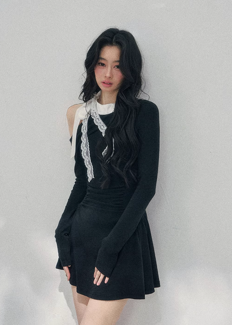 off shoulder black dress women, lace detail mini dress, spring black dress women, aomalm dress style, feminine spring outfit women, elegant long sleeve mini dress, refined casual black dress, korean french style clothing, slim fit spring dress, modern women mini dress, delicate lace contrast dress, understated luxury women dress, lightweight spring evening dress, feminine black mini, versatile spring dress women