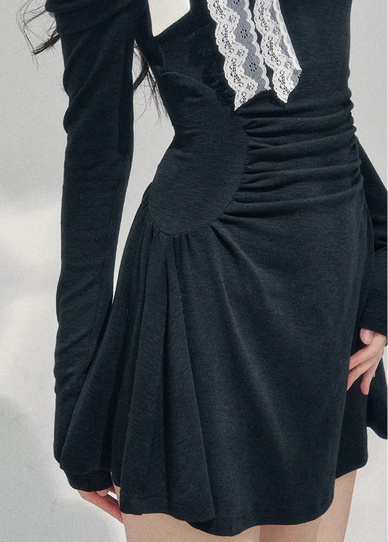 off shoulder black dress women, lace detail mini dress, spring black dress women, aomalm dress style, feminine spring outfit women, elegant long sleeve mini dress, refined casual black dress, korean french style clothing, slim fit spring dress, modern women mini dress, delicate lace contrast dress, understated luxury women dress, lightweight spring evening dress, feminine black mini, versatile spring dress women