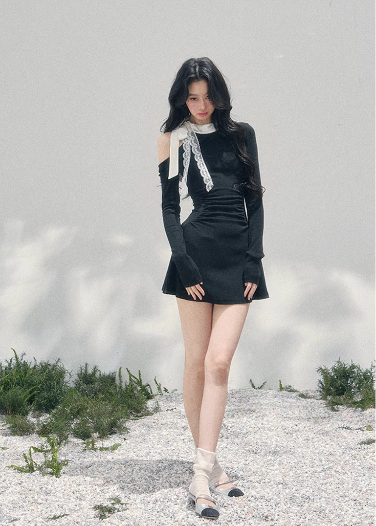 off shoulder black dress women, lace detail mini dress, spring black dress women, aomalm dress style, feminine spring outfit women, elegant long sleeve mini dress, refined casual black dress, korean french style clothing, slim fit spring dress, modern women mini dress, delicate lace contrast dress, understated luxury women dress, lightweight spring evening dress, feminine black mini, versatile spring dress women