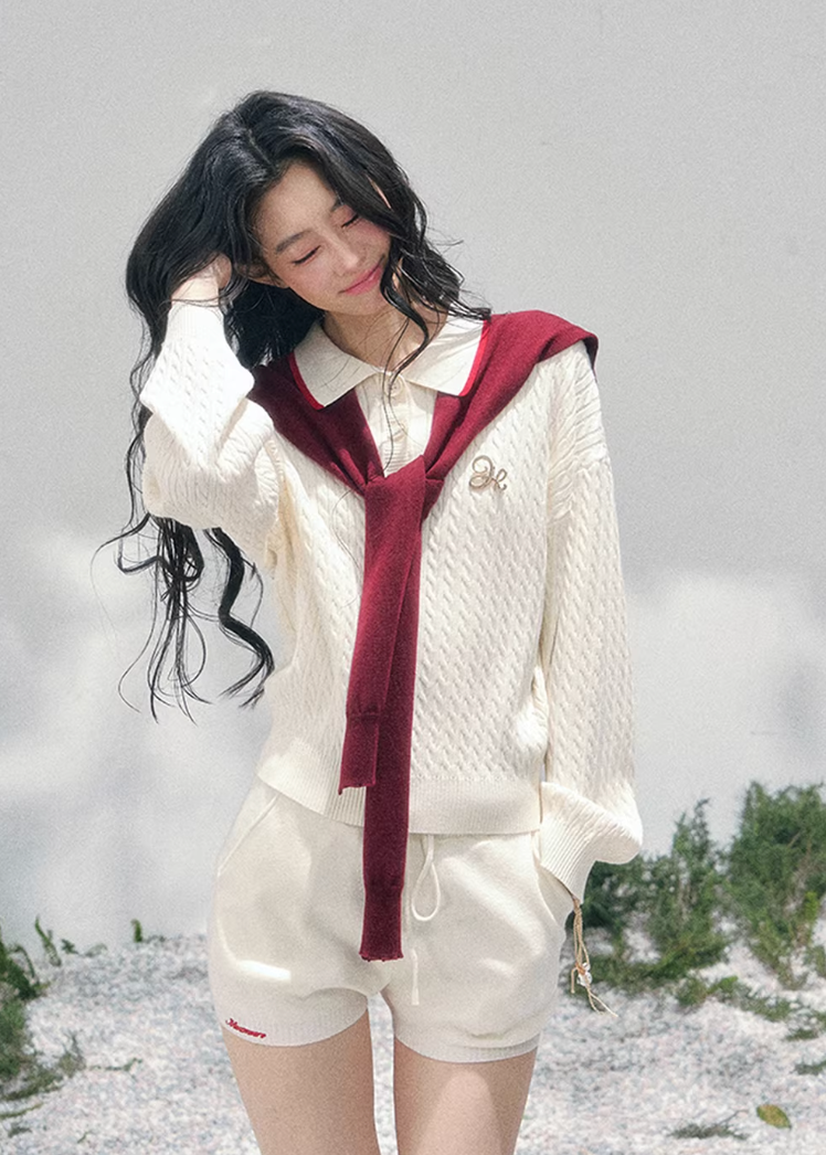 AOMALM collegiate knit set, French romantic spring twinset, Korean elegant two piece outfit, feminine sweater and shorts set, quiet luxury knit ensemble women, Parisian inspired collegiate outfit, romantic Korean French aesthetic clothing, soft feminine spring knitwear, refined casual luxury womenswear, elegant lightweight knit set women, romantic preppy style outfit, feminine Korean fashion twinset, spring luxury knit outfit, delicate layered sweater set, soft luxury womenswear ensemble