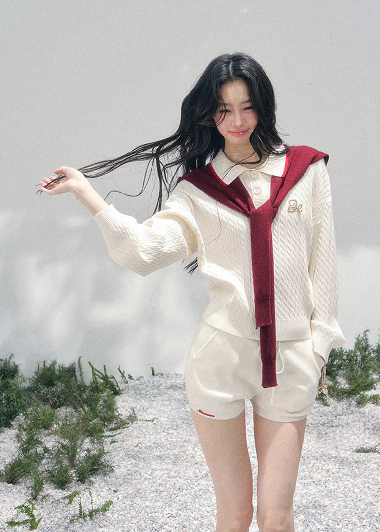 AOMALM collegiate knit set, French romantic spring twinset, Korean elegant two piece outfit, feminine sweater and shorts set, quiet luxury knit ensemble women, Parisian inspired collegiate outfit, romantic Korean French aesthetic clothing, soft feminine spring knitwear, refined casual luxury womenswear, elegant lightweight knit set women, romantic preppy style outfit, feminine Korean fashion twinset, spring luxury knit outfit, delicate layered sweater set, soft luxury womenswear ensemble