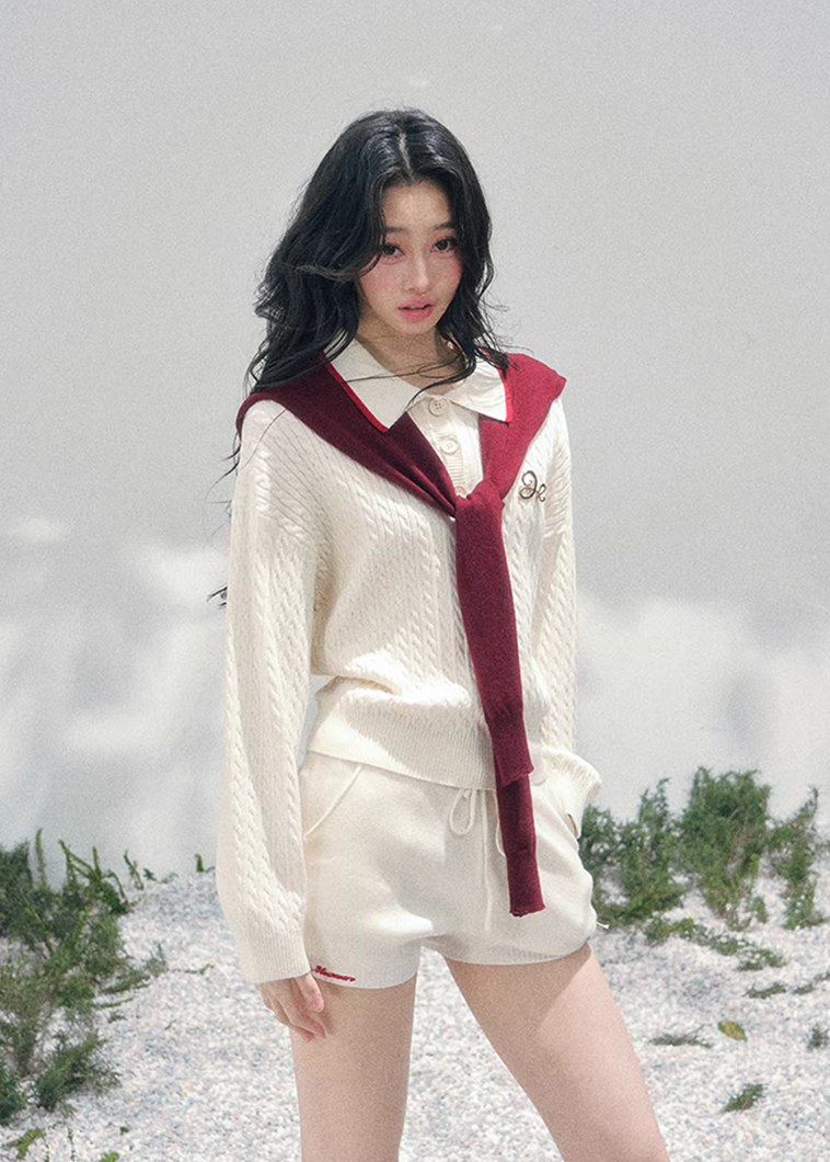 AOMALM collegiate knit set, French romantic spring twinset, Korean elegant two piece outfit, feminine sweater and shorts set, quiet luxury knit ensemble women, Parisian inspired collegiate outfit, romantic Korean French aesthetic clothing, soft feminine spring knitwear, refined casual luxury womenswear, elegant lightweight knit set women, romantic preppy style outfit, feminine Korean fashion twinset, spring luxury knit outfit, delicate layered sweater set, soft luxury womenswear ensemble