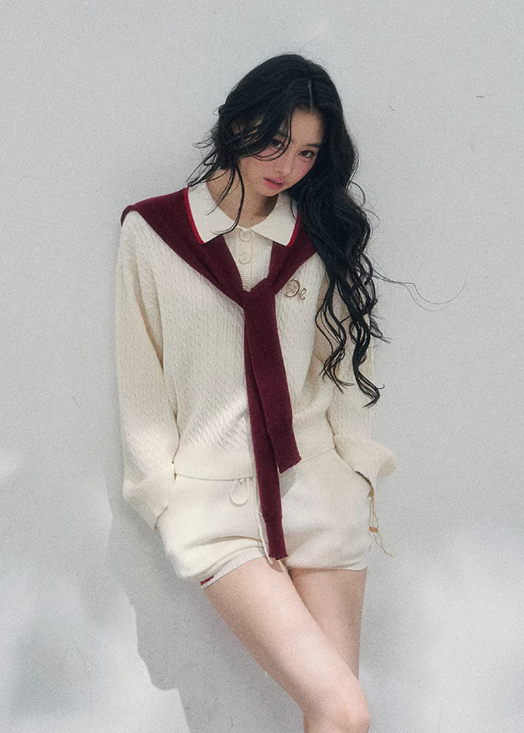 AOMALM collegiate knit set, French romantic spring twinset, Korean elegant two piece outfit, feminine sweater and shorts set, quiet luxury knit ensemble women, Parisian inspired collegiate outfit, romantic Korean French aesthetic clothing, soft feminine spring knitwear, refined casual luxury womenswear, elegant lightweight knit set women, romantic preppy style outfit, feminine Korean fashion twinset, spring luxury knit outfit, delicate layered sweater set, soft luxury womenswear ensemble
