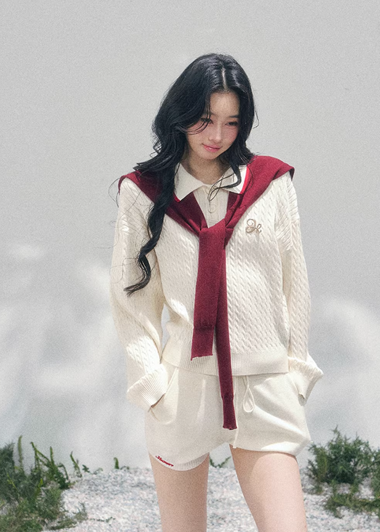 AOMALM collegiate knit set, French romantic spring twinset, Korean elegant two piece outfit, feminine sweater and shorts set, quiet luxury knit ensemble women, Parisian inspired collegiate outfit, romantic Korean French aesthetic clothing, soft feminine spring knitwear, refined casual luxury womenswear, elegant lightweight knit set women, romantic preppy style outfit, feminine Korean fashion twinset, spring luxury knit outfit, delicate layered sweater set, soft luxury womenswear ensemble